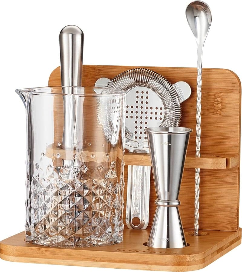 Cocktail Mixing Glass Set with Bamboo Stand, 22 Oz Durable Design