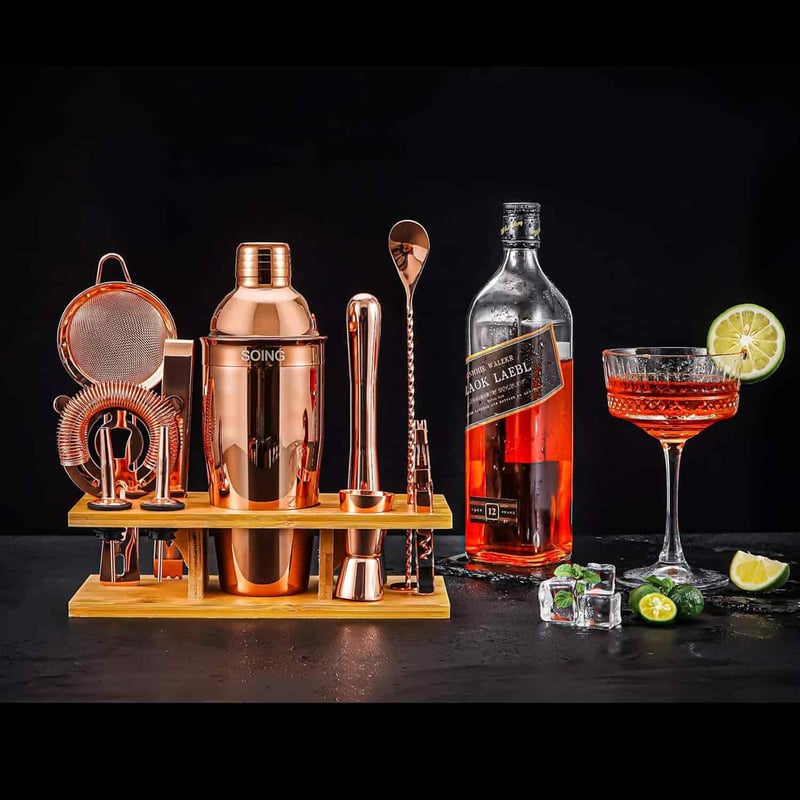 Rose Copper Bartender Kit with Stand & Recipe Cards