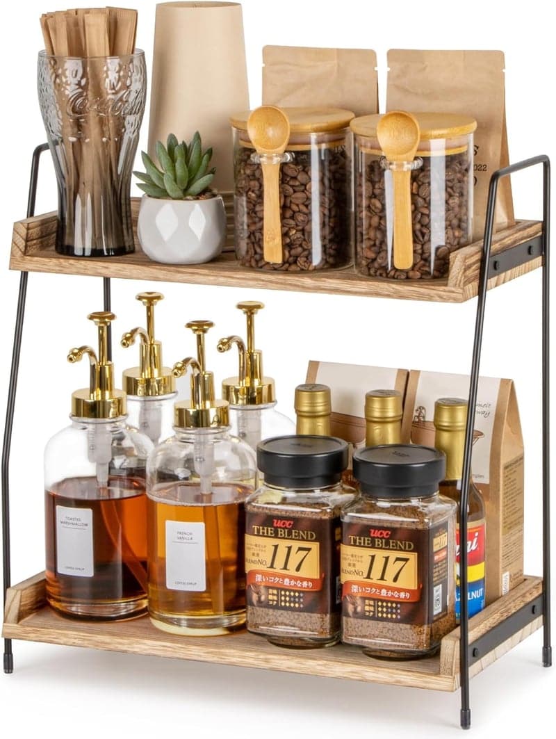 Coffee Station Organizer, 2-Tier Wooden Shelf for Accessories