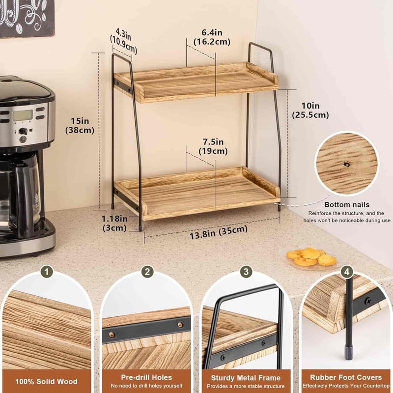 Coffee Station Organizer, 2-Tier Wooden Shelf for Accessories