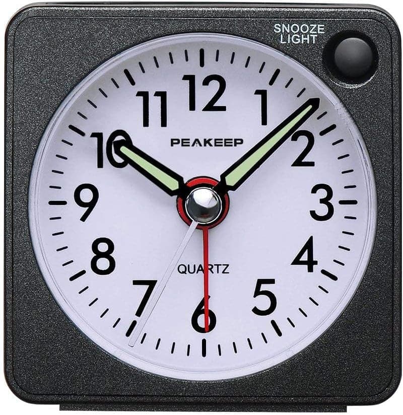 Travel Alarm Clock, Silent Analog Quartz with Snooze, Black