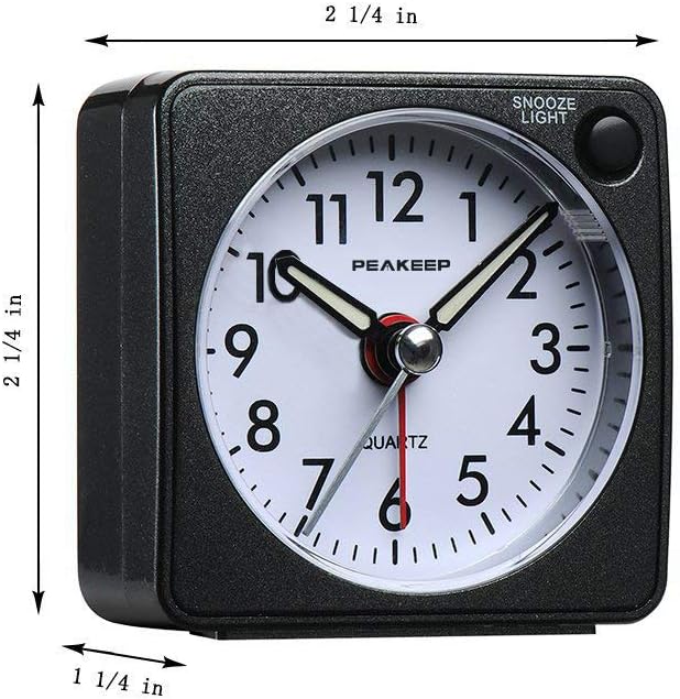 Travel Alarm Clock, Silent Analog Quartz with Snooze, Black