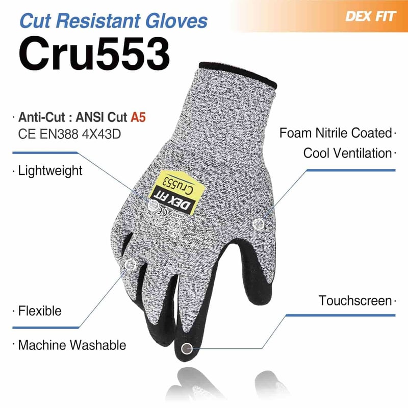 Cut Resistant Gloves Level 5, Thin, Durable, Touchscreen, Grey L
