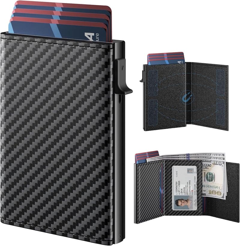 Men's RFID Wallet - Slim Leather Card Holder, Carbon Fiber Design