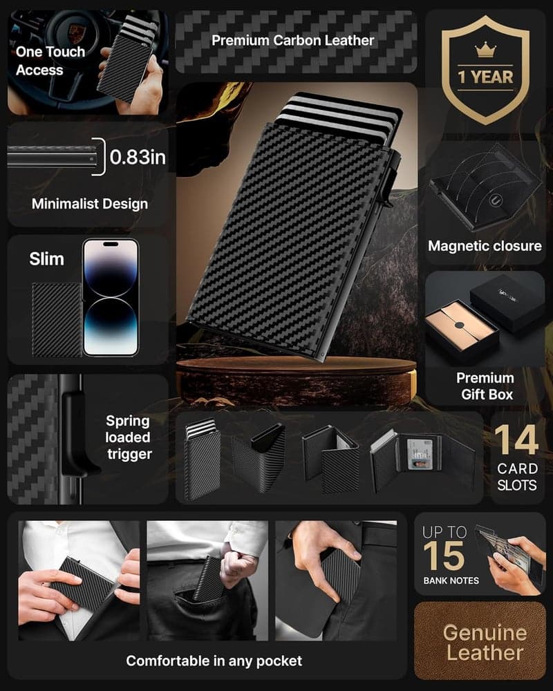 Men's RFID Wallet - Slim Leather Card Holder, Carbon Fiber Design