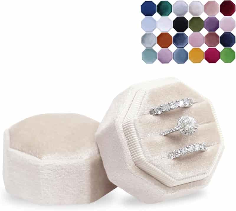 Engagement Ring Box with 3 Velvet Slots, Octagon Design (Champagne)