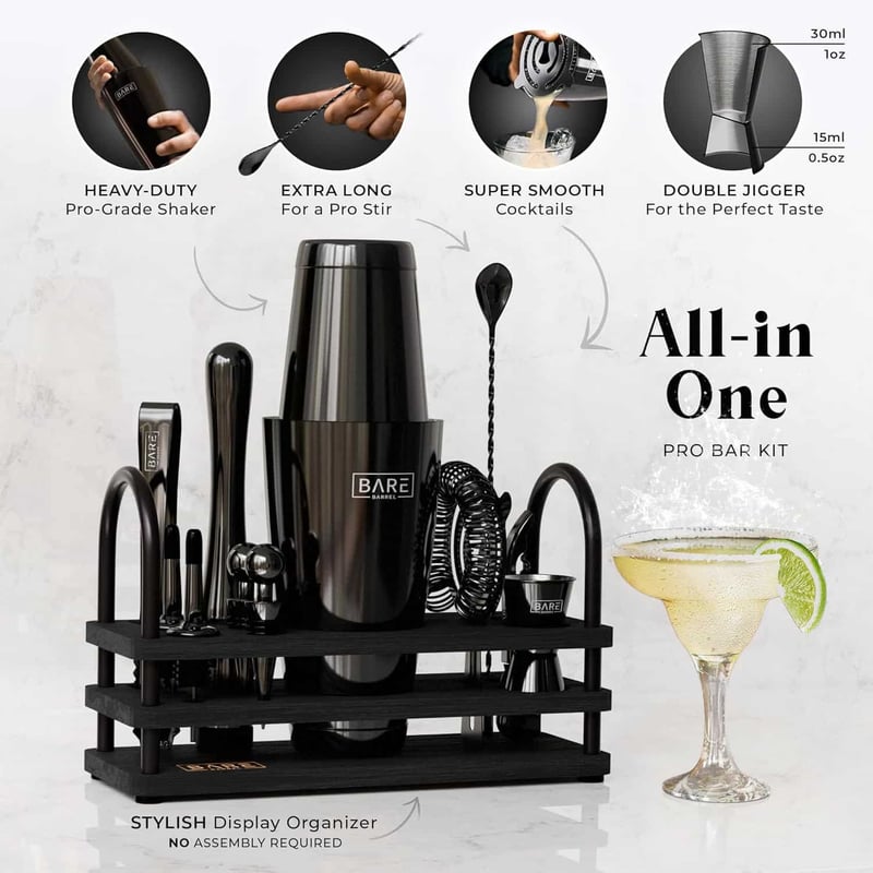 Mixology Cocktail Kit: 14-Piece Black Bartender Set