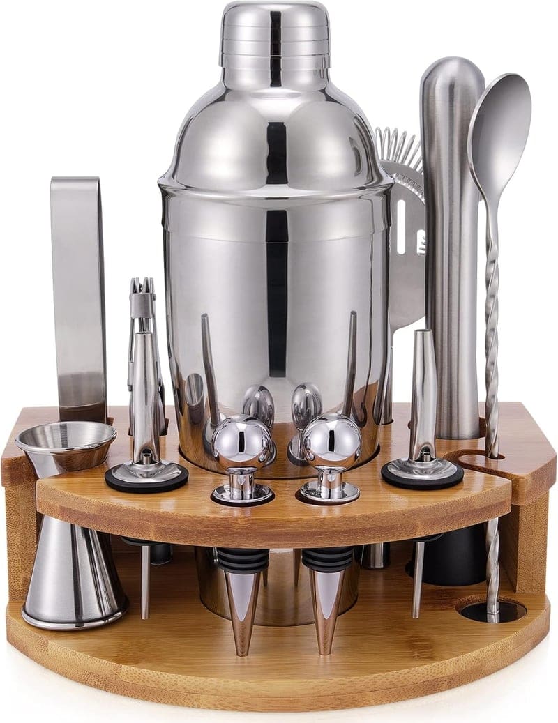 Gift Bar Kit: 12-Piece Cocktail Shaker Set with Bamboo Stand