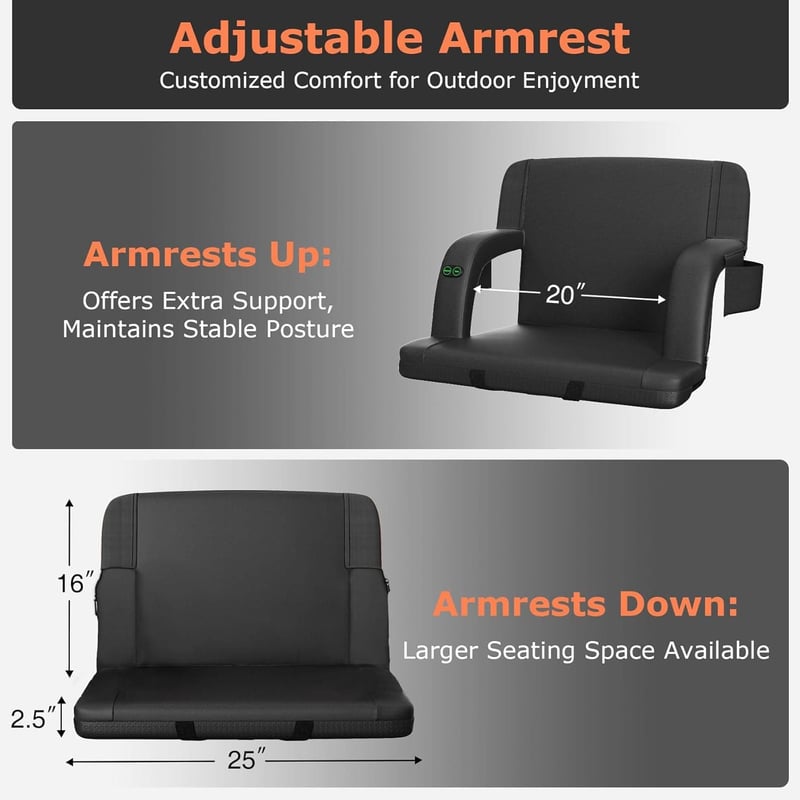 Heated Portable Stadium Seat with Back Support, 3 Heat Levels, Black