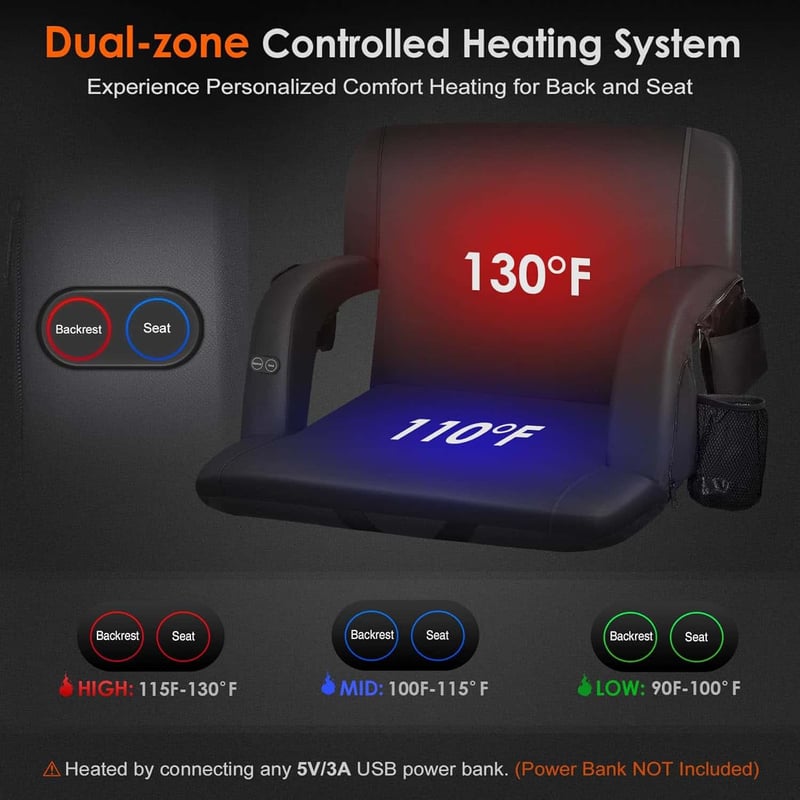 Heated Stadium Seats with Back Support & 5 Pockets, Portable