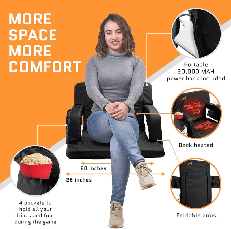 Heated Stadium Seat with USB, Back Support, and Cup Holder (26