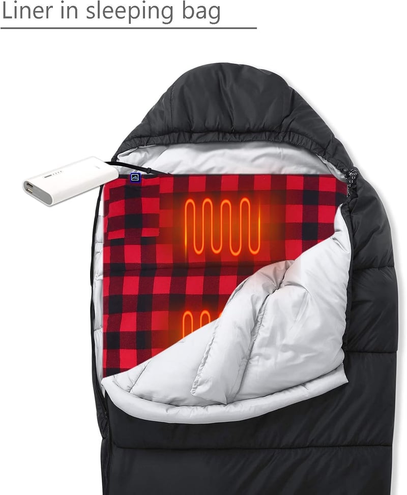 Heated Sleeping Bag Liner with 5 Heating Zones, USB Powered.