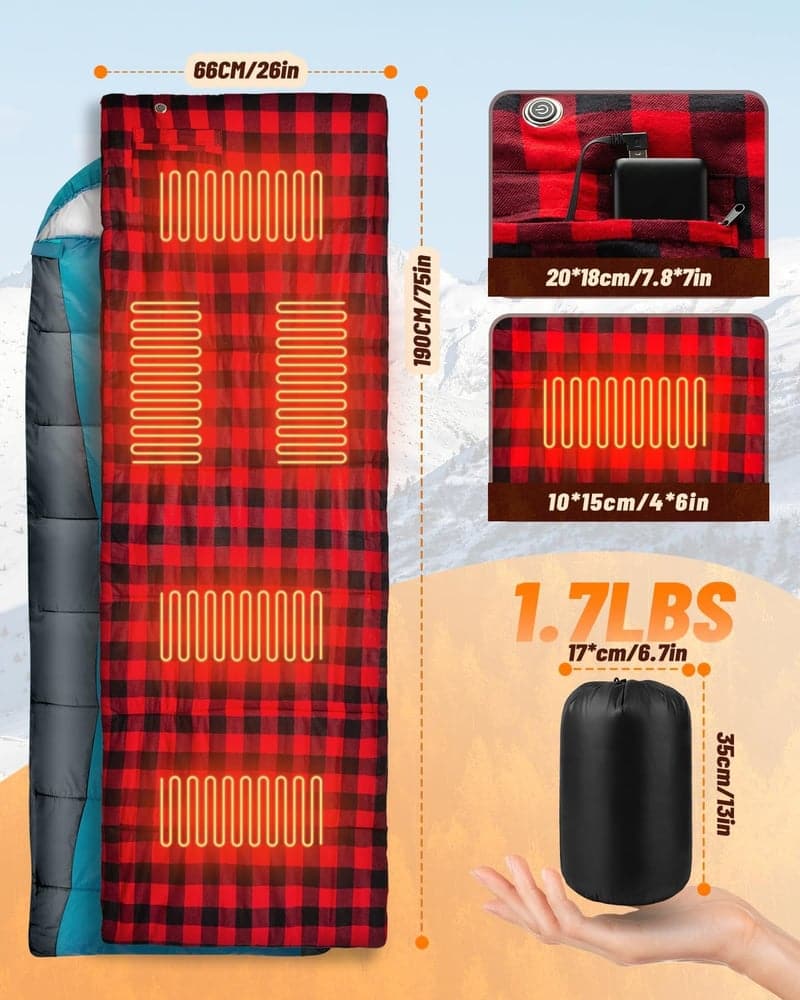 Heated Sleeping Bag Liner with 5 Heating Zones for Camping