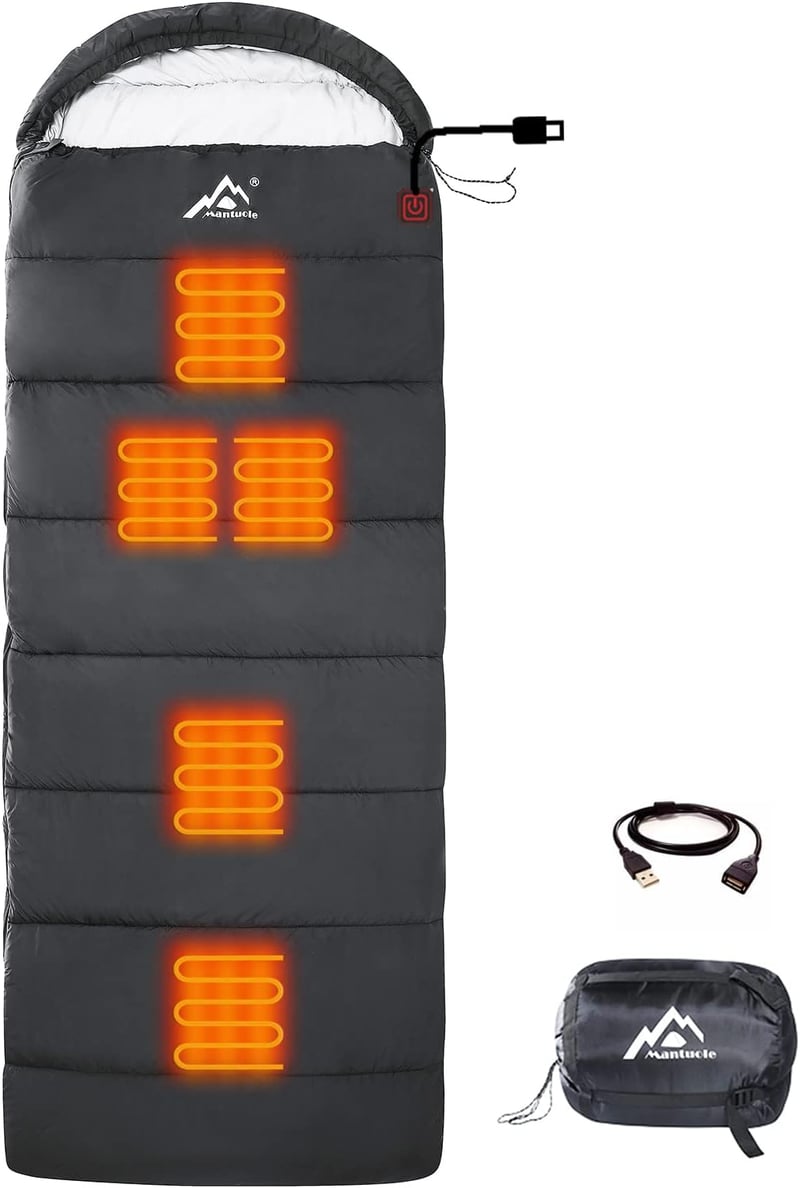Heated Sleeping Bag with USB Power & 3D Heating Pads - Black