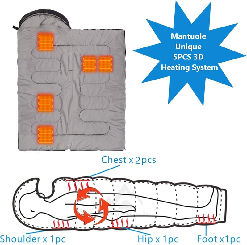 Heated Sleeping Bag with USB Power & 3D Heating Pads - Black