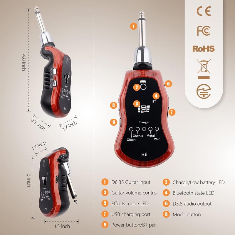 Bluetooth Guitar Headphone Amp with 5 Effects, Rechargeable Mahogany