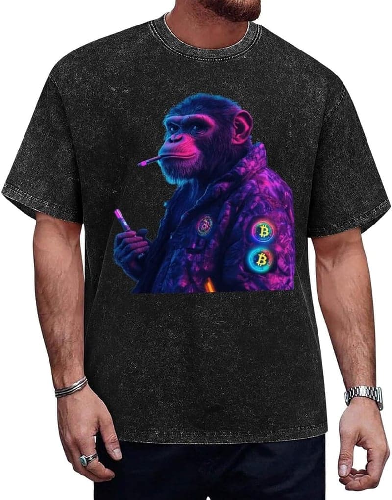 Men's Crew Neck T-Shirt with Monkey Graphic, Summer Casual XL