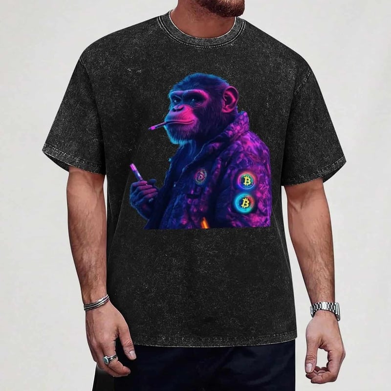 Men's Crew Neck T-Shirt with Monkey Graphic, Summer Casual XL