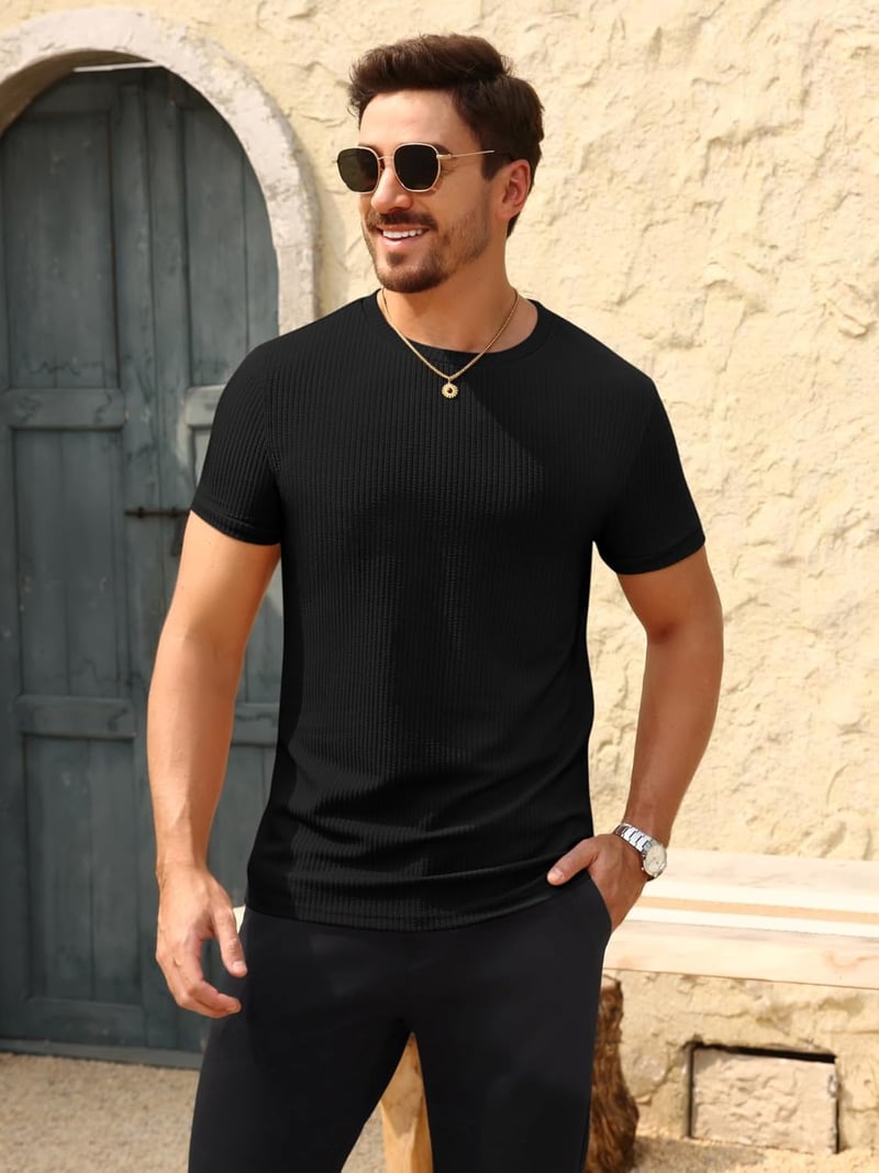 Men's Slim Fit Ribbed Knit Crew Neck T-Shirt