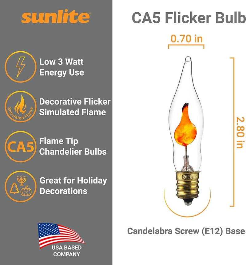 Holiday Flicker Flame Chandelier Bulbs, E12 Base, 3W, 12-Pack