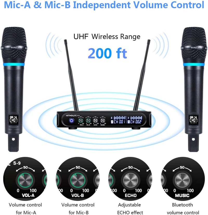 Wireless Dual UHF Microphone System with Bluetooth, 200FT Range
