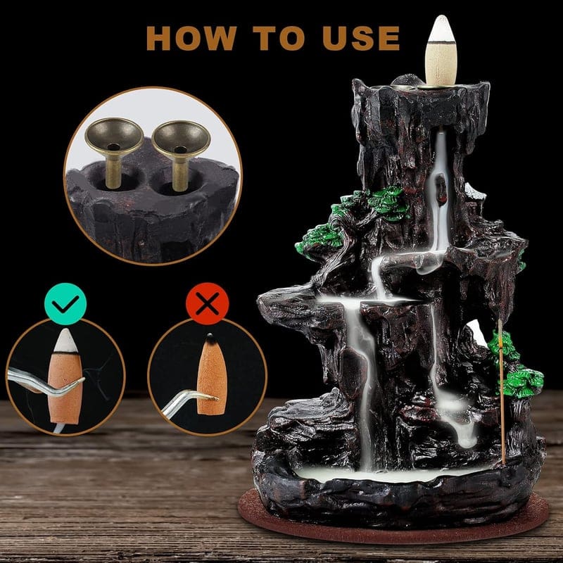 Waterfall Incense Burner with 120 Cones & 30 Sticks for Home