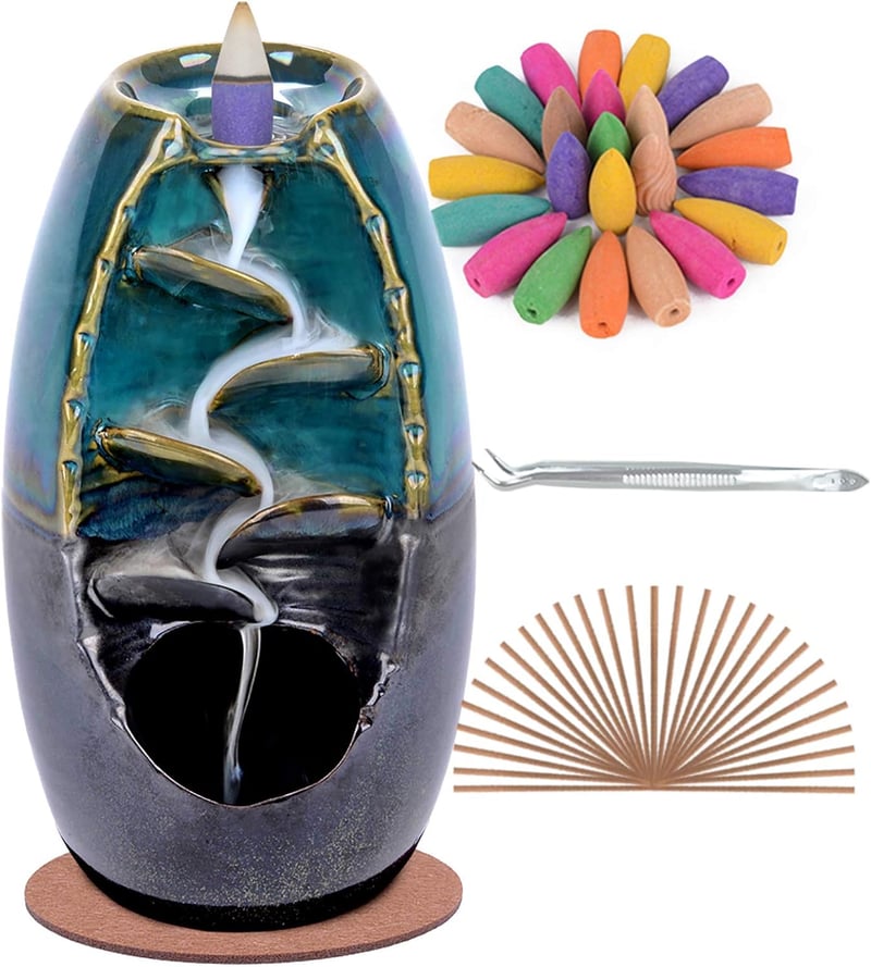 Backflow Incense Holder with 120 Cones + 30 Sticks, Blue Ceramic