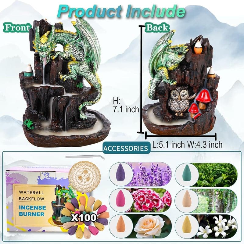 Dragon Backflow Double-Sided Incense Burner with Cones (Green)