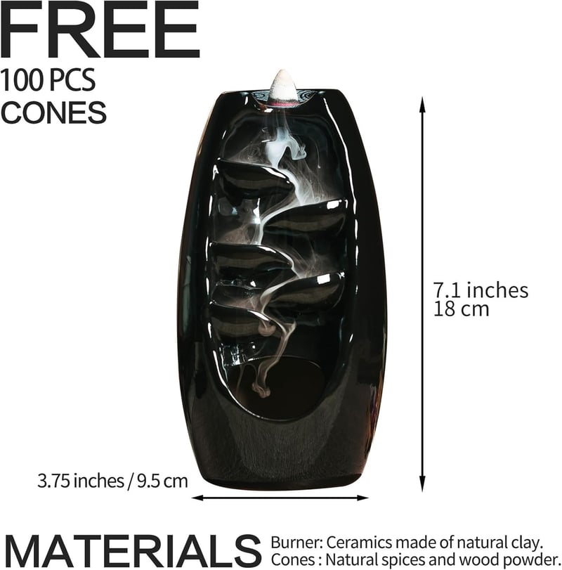 Ceramic Waterfall Incense Burner with 120 Cones - Black Zen Decor