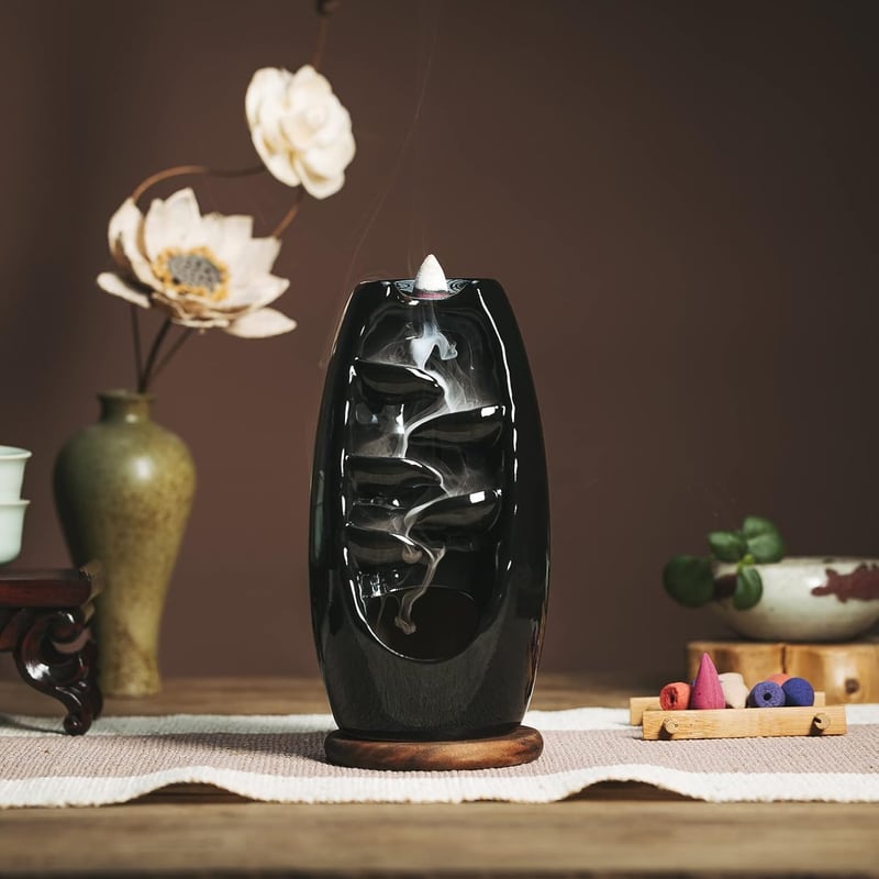 Zen Ceramic Incense Burner with 120 Cones - Black Waterfall Design