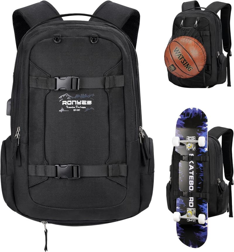 Sports Travel Skateboard Backpack with USB Port, Fits 17.3
