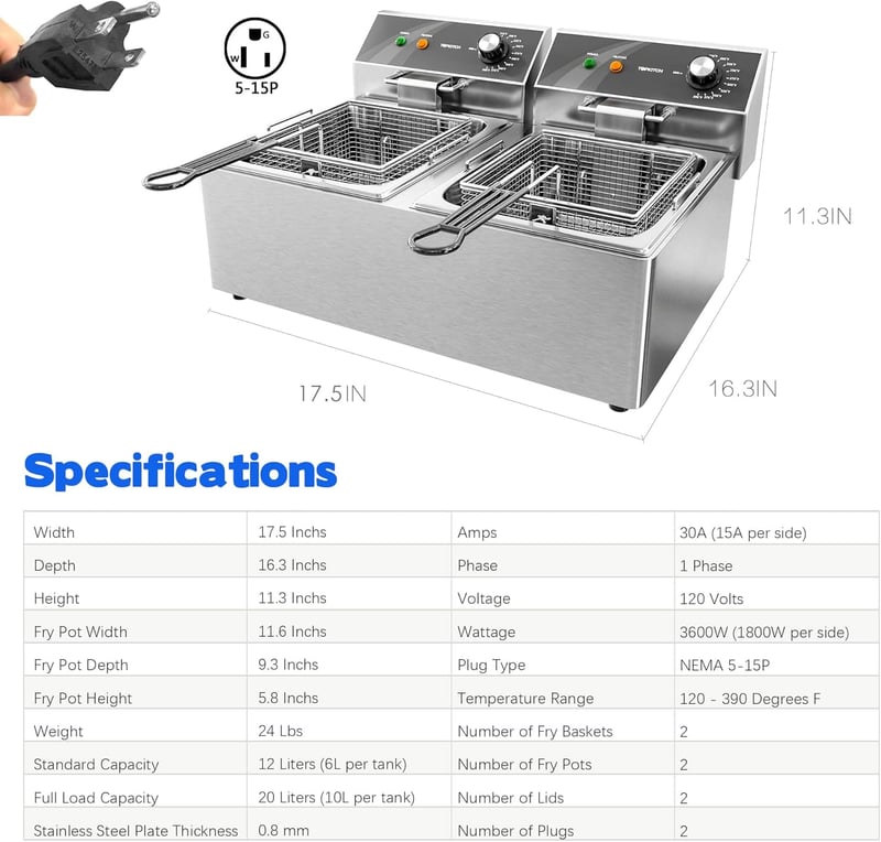 Dual Tank Stainless Steel Deep Fryer, 10L X 2 Capacity, 120V 3600W