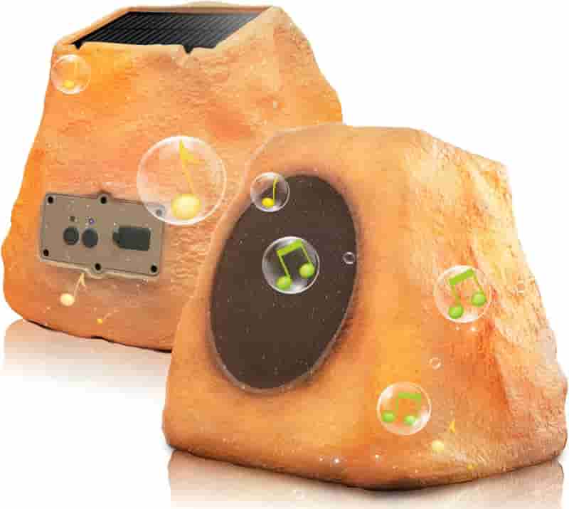Outdoor Rock Speaker Pair, 60W Solar-Powered, Waterproof with LED