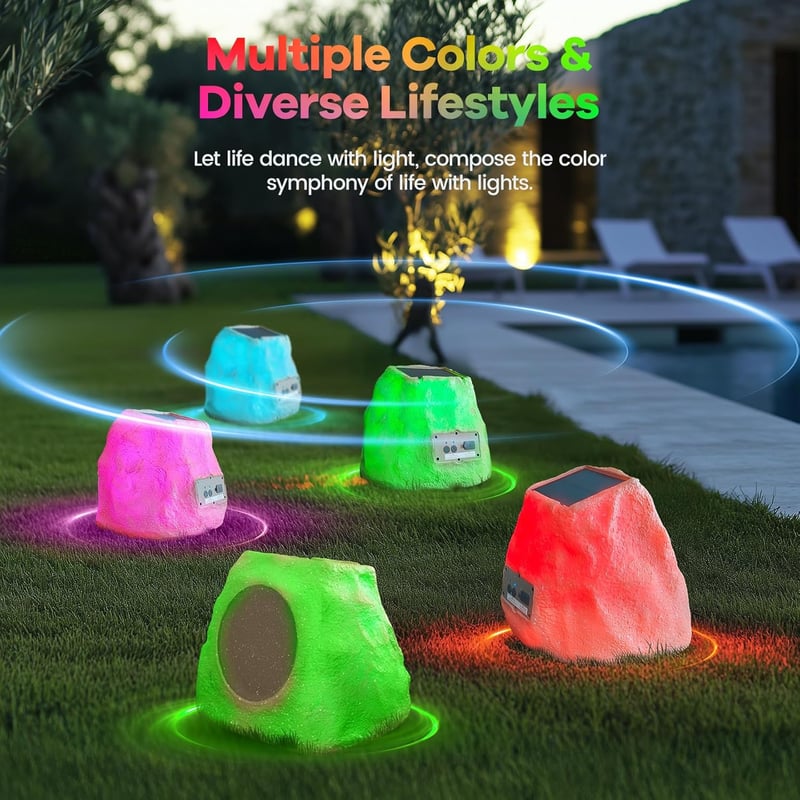 Outdoor Rock Speaker Pair, 60W Solar-Powered, Waterproof with LED