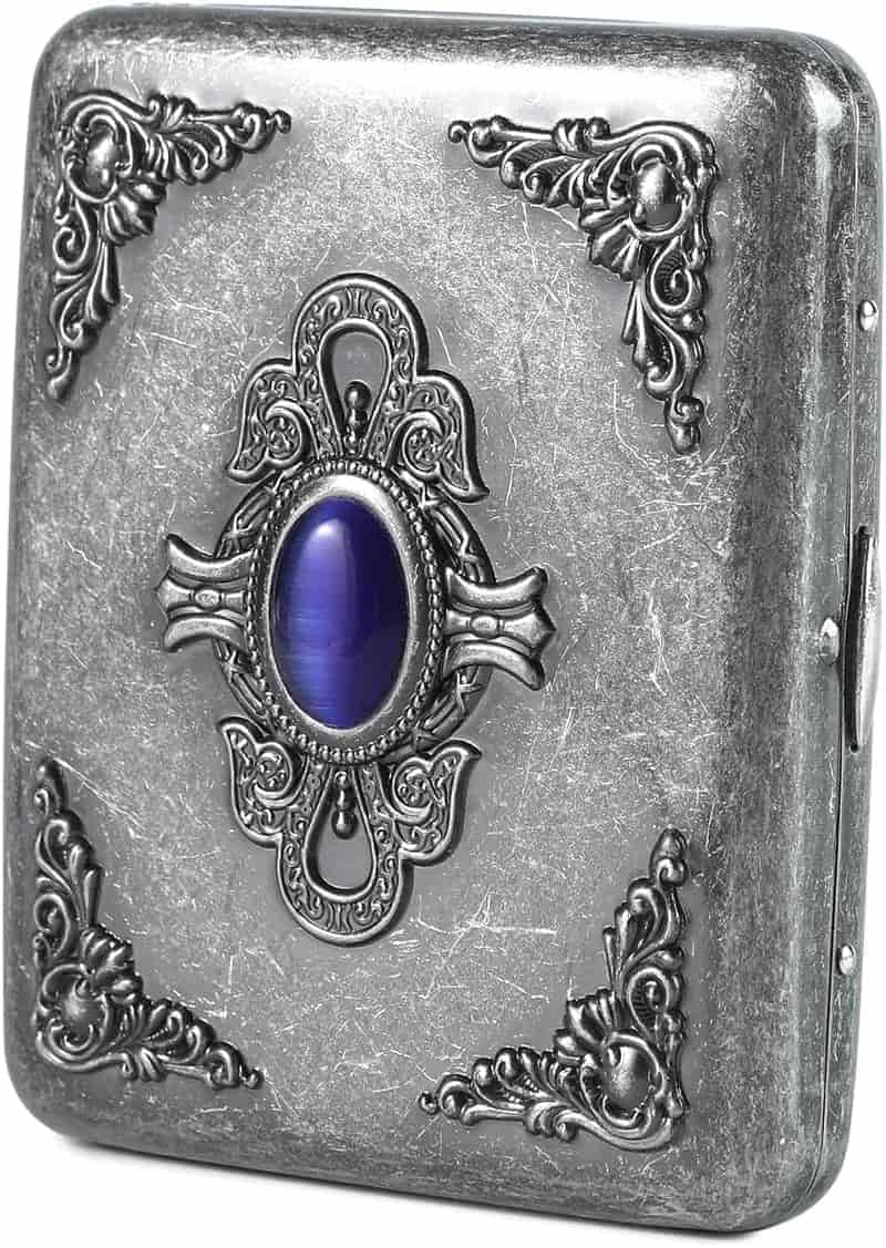 Vintage Silver Storage Case with Emerald and Floral Engravings