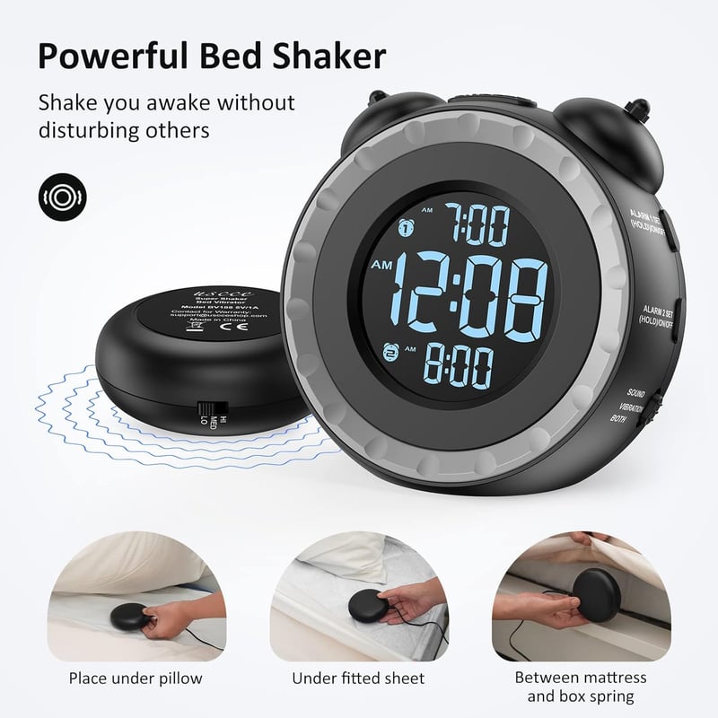 Loud Dual Alarm Clock with Bed Shaker & USB Charging Port