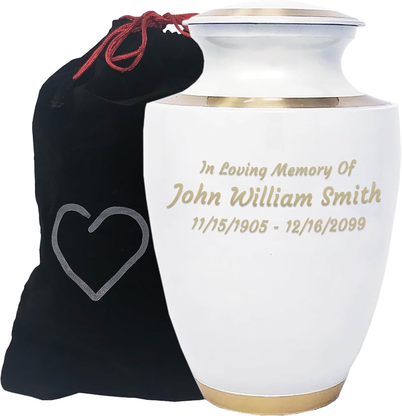 Engraved White Pearl Cremation Urn with Bronze Accents