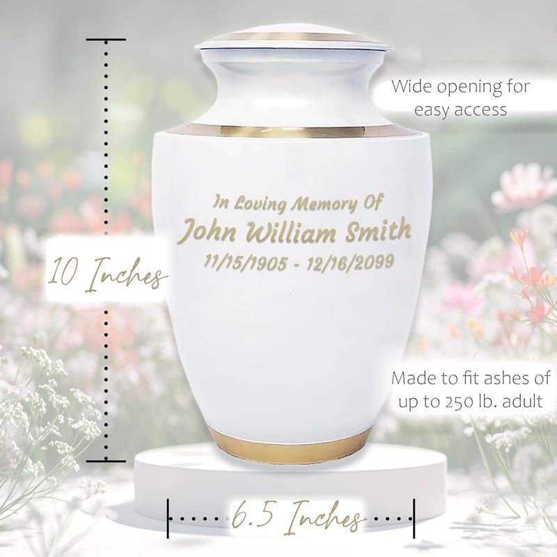 Engraved White Pearl Cremation Urn with Bronze Accents