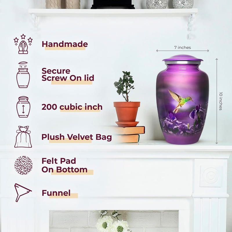 Purple Hummingbird Memorial Urn for Adults – Large Keepsake