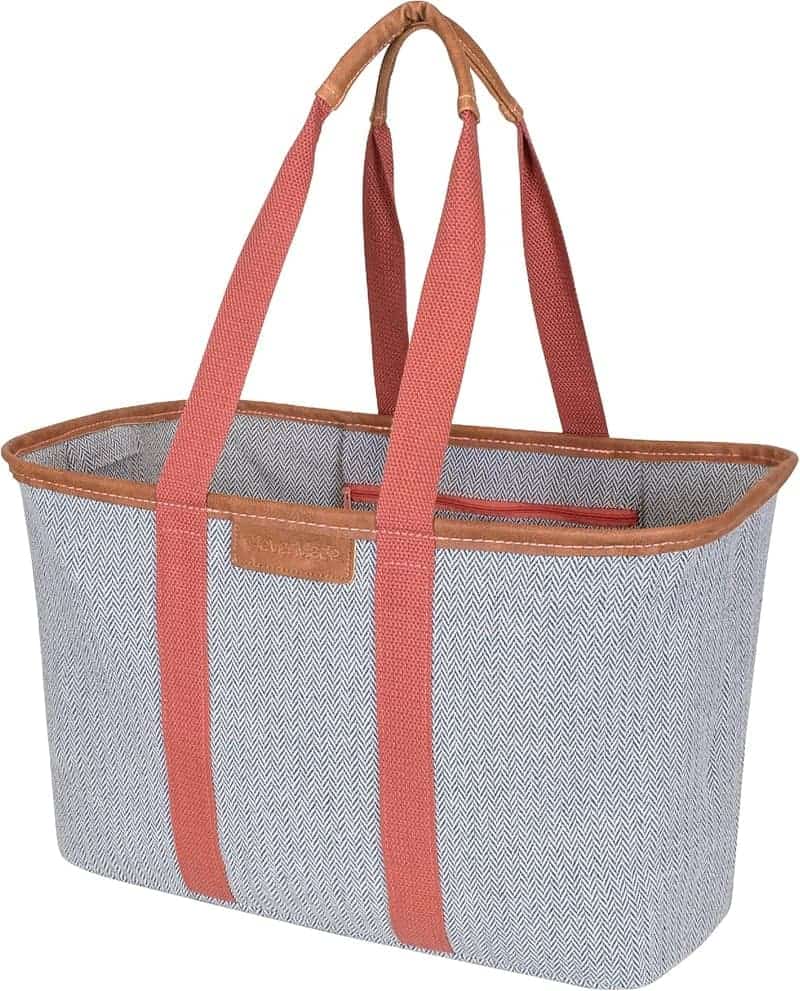 Collapsible Reusable Grocery Tote with Handles, 30L, Rose Herringbone