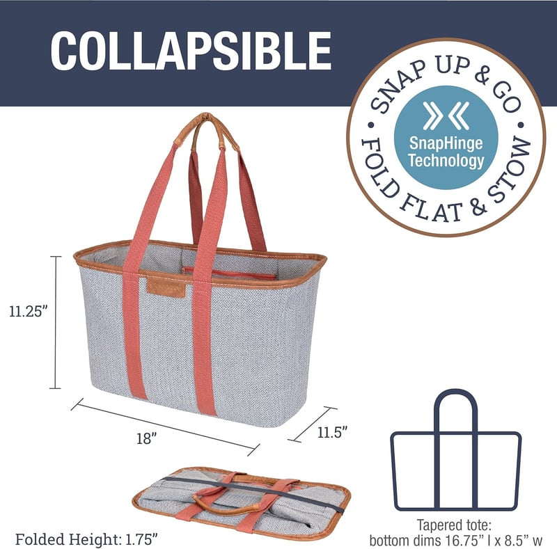 Collapsible Reusable Grocery Tote with Handles, 30L, Rose Herringbone
