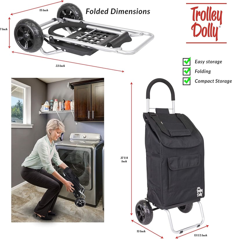 Foldable Black Shopping Cart with Wheels and Removable Bag