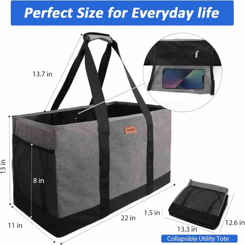 Reusable Waterproof Grocery Tote Bag, Foldable with Handles, Grey