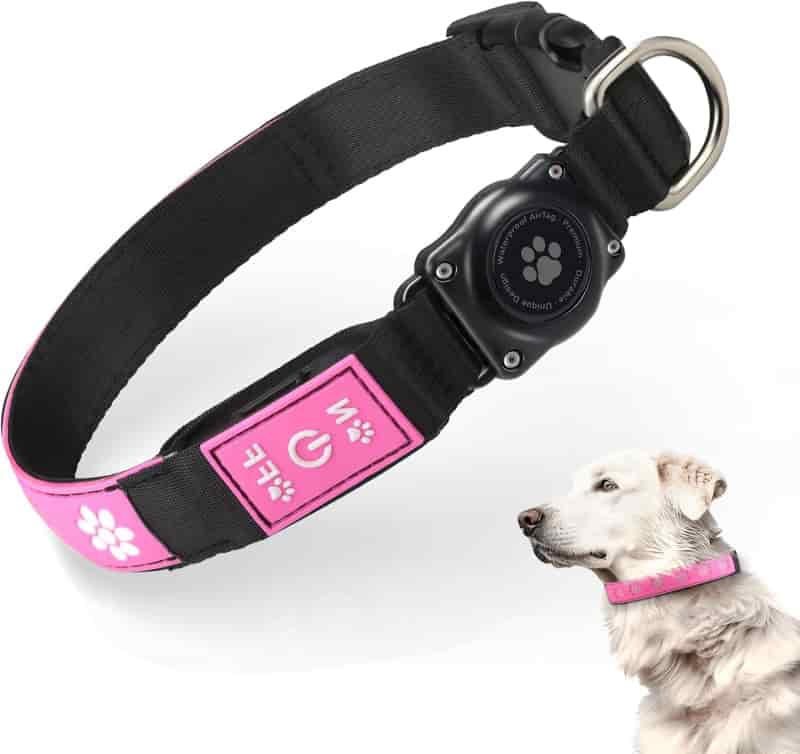 LED AirTag Dog Collar, Pink, XL, Waterproof & Rechargeable