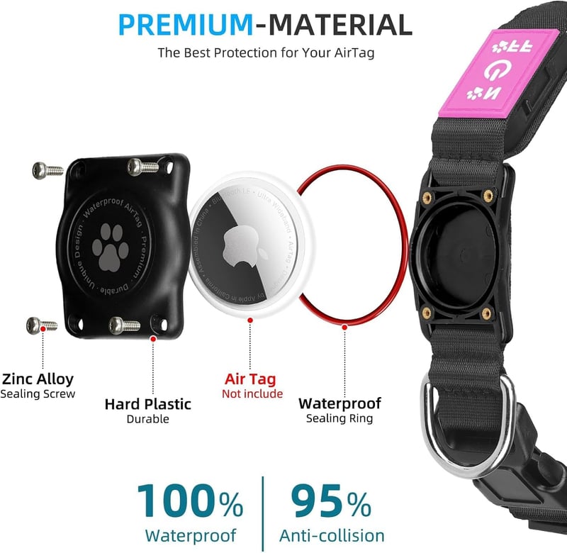 LED AirTag Dog Collar, Pink, XL, Waterproof & Rechargeable