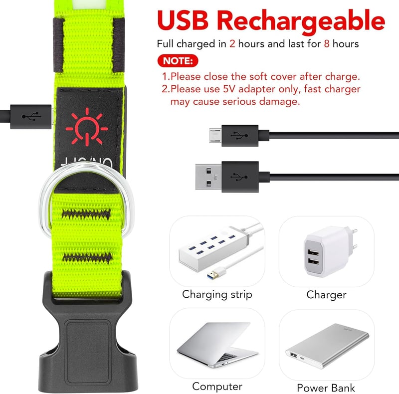 LED Dog Collar, Adjustable USB Rechargeable Safety Light (Medium, Green)