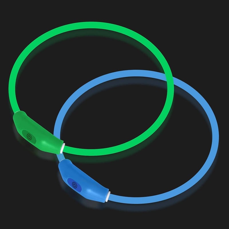LED Dog Collar 2-Pack for Night Walking, Rechargeable, Green & Blue