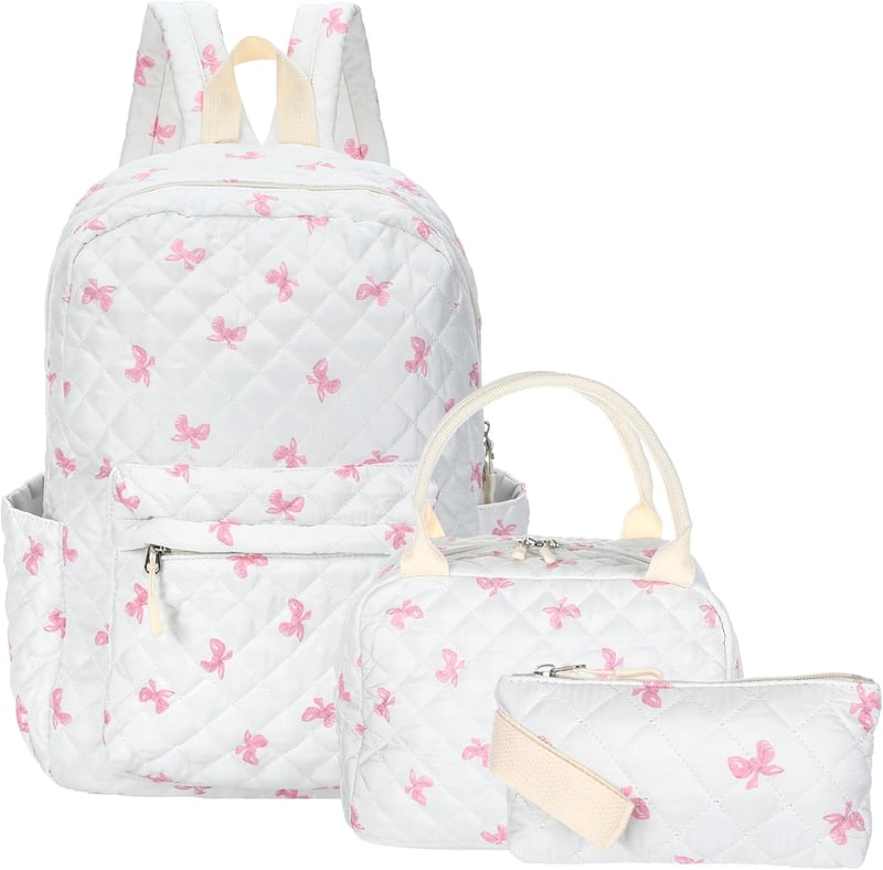 Pink Quilted Backpack Set with Lunch Box & Pencil Case for Women