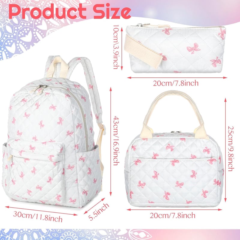 Pink Quilted Backpack Set with Lunch Box & Pencil Case for Women