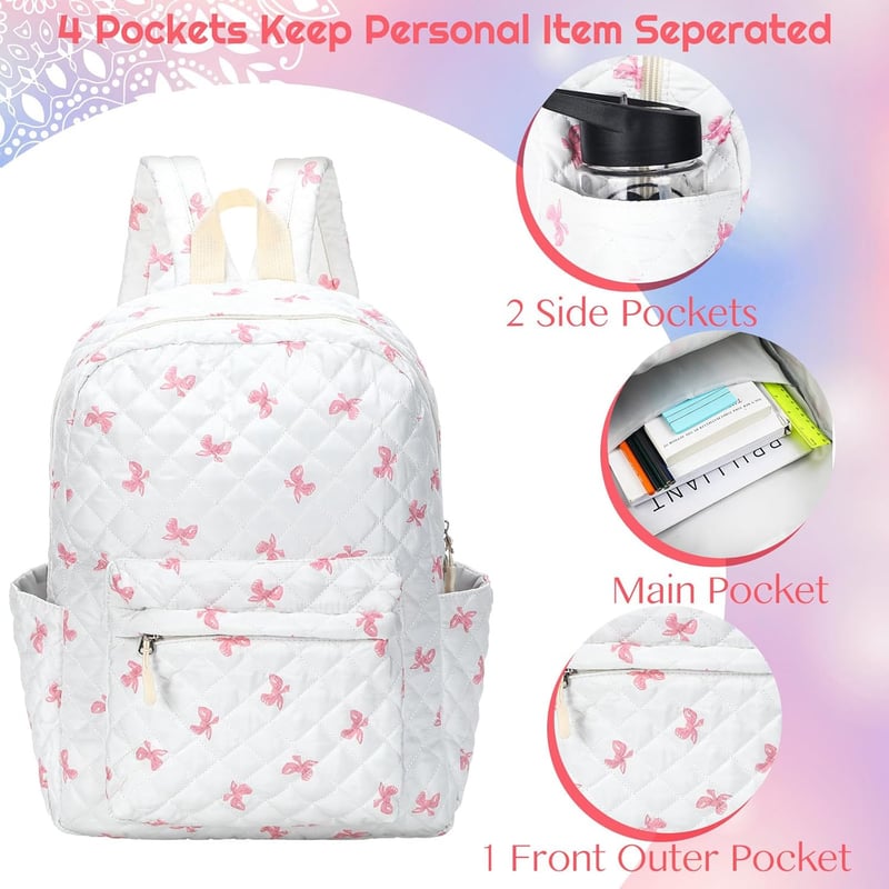 Pink Quilted Backpack Set with Lunch Box & Pencil Case for Women